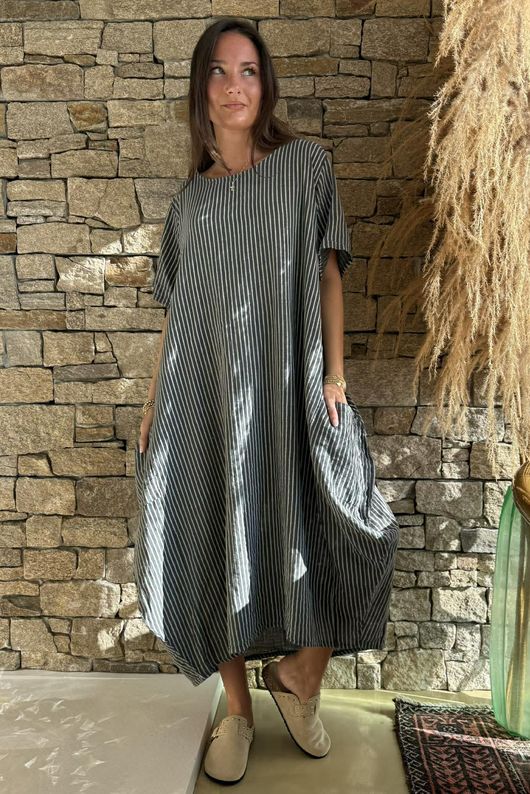 Salcombe Chalk Stripe Cotton Cocoon Dress Graphite